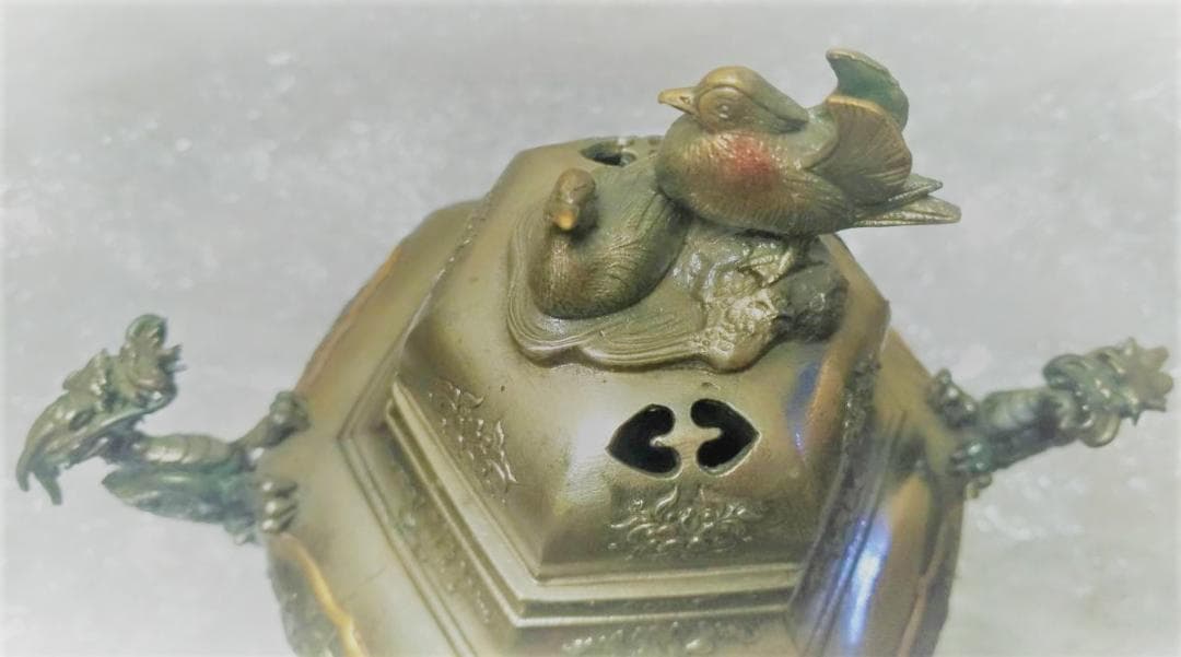 新品 香炉 一乗 銘 桐箱付き 銅錫製? 双竜 龍 伝統金属工芸品 風水 レア