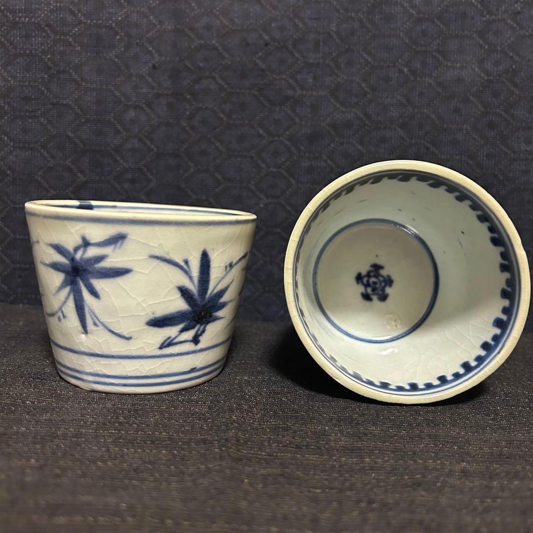 珍品図柄　江戸期古伊万里　紅葉水垂紋様蕎麦猪口2客揃い　本物保証