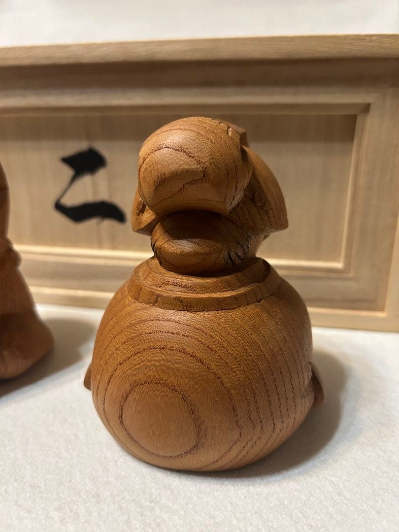 二福 置物 縁起物 福助 おたふく女 欅 ケヤキ 木彫 彫刻 木箱 商売繁盛