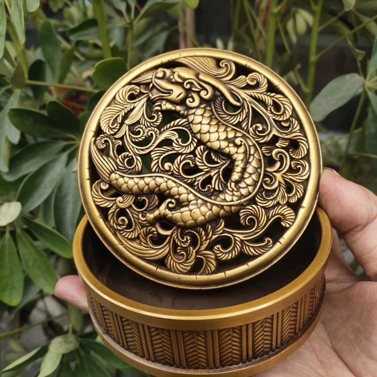 銅細工 龍蓋三足檀香炉 室内 薫香炉 香道具 装飾品 工芸品 美術品