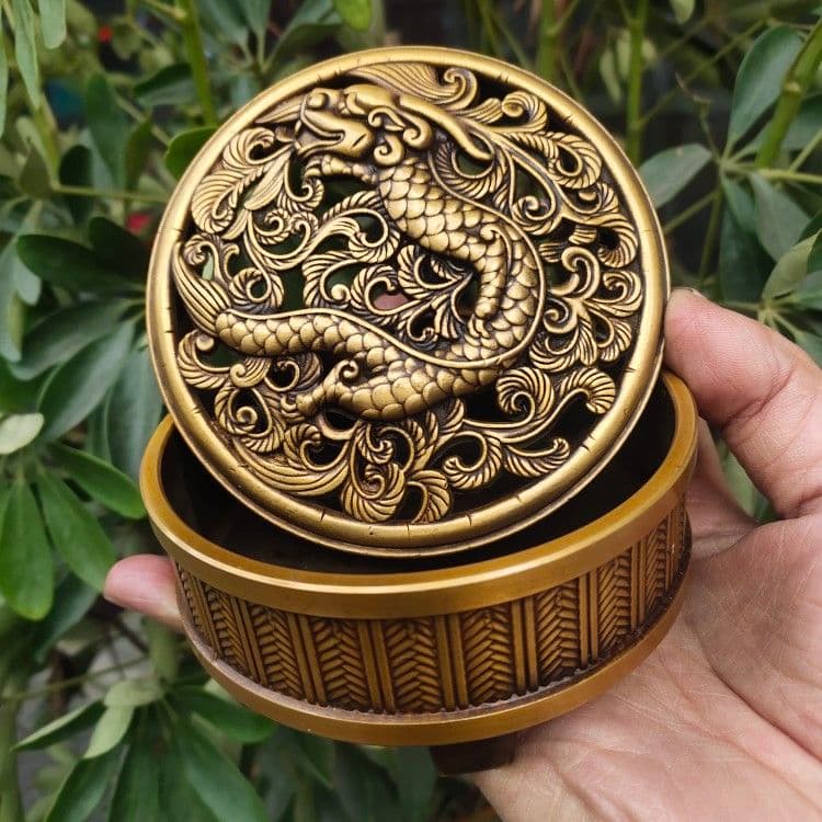 銅細工 龍蓋三足檀香炉 室内 薫香炉 香道具 装飾品 工芸品 美術品