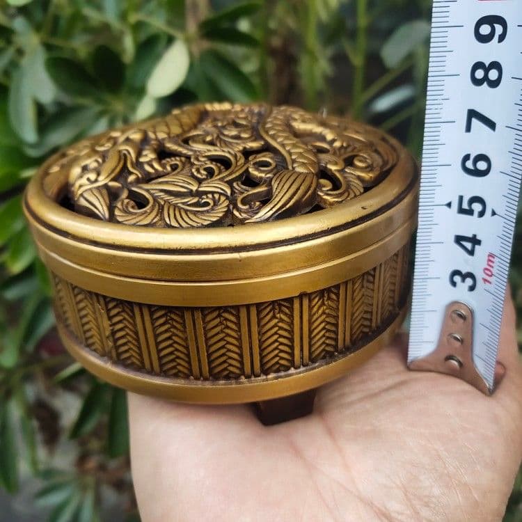 銅細工 龍蓋三足檀香炉 室内 薫香炉 香道具 装飾品 工芸品 美術品