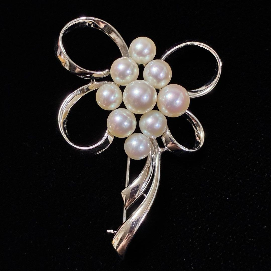 【ミキモト】MIKIMOTO ブローチ シルバー　パール　リボン　コサージュ