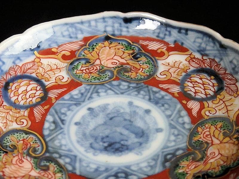 大聖寺伊万里　金襴手　窓絵　鳳凰に青海波の図　豆皿　C970AS-BZx