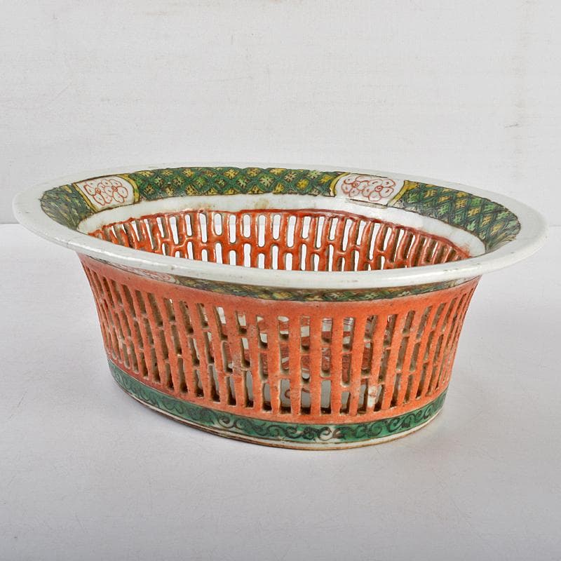 したん　中国　赤絵　龍文　透かし鉢　M　R5394