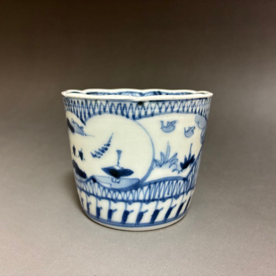 網目地紋に窓絵の図　古伊万里蕎麦猪口　無傷完品