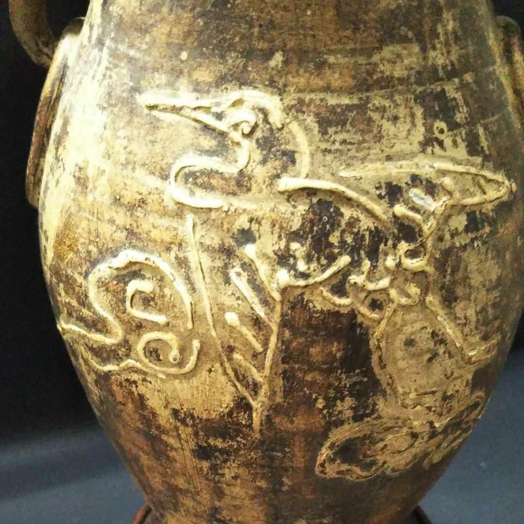 ※中国古美術/黃泥松鶴紋隻龍耳瓶/