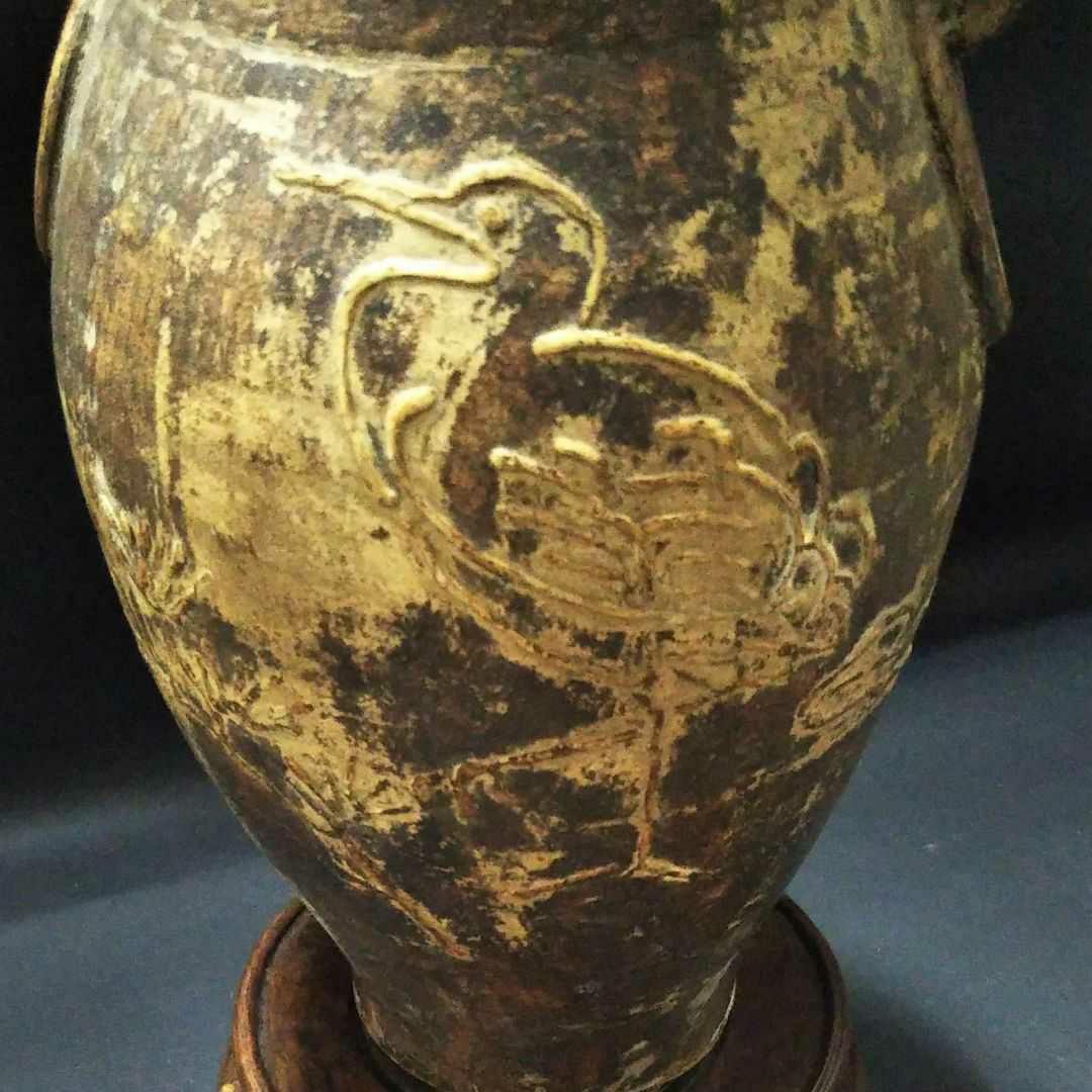 ※中国古美術/黃泥松鶴紋隻龍耳瓶/