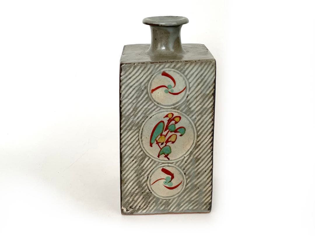 陶芸家　人間国宝　島岡達三　象嵌赤絵　方壺　角瓶　花瓶　花入　縄文象嵌　共箱