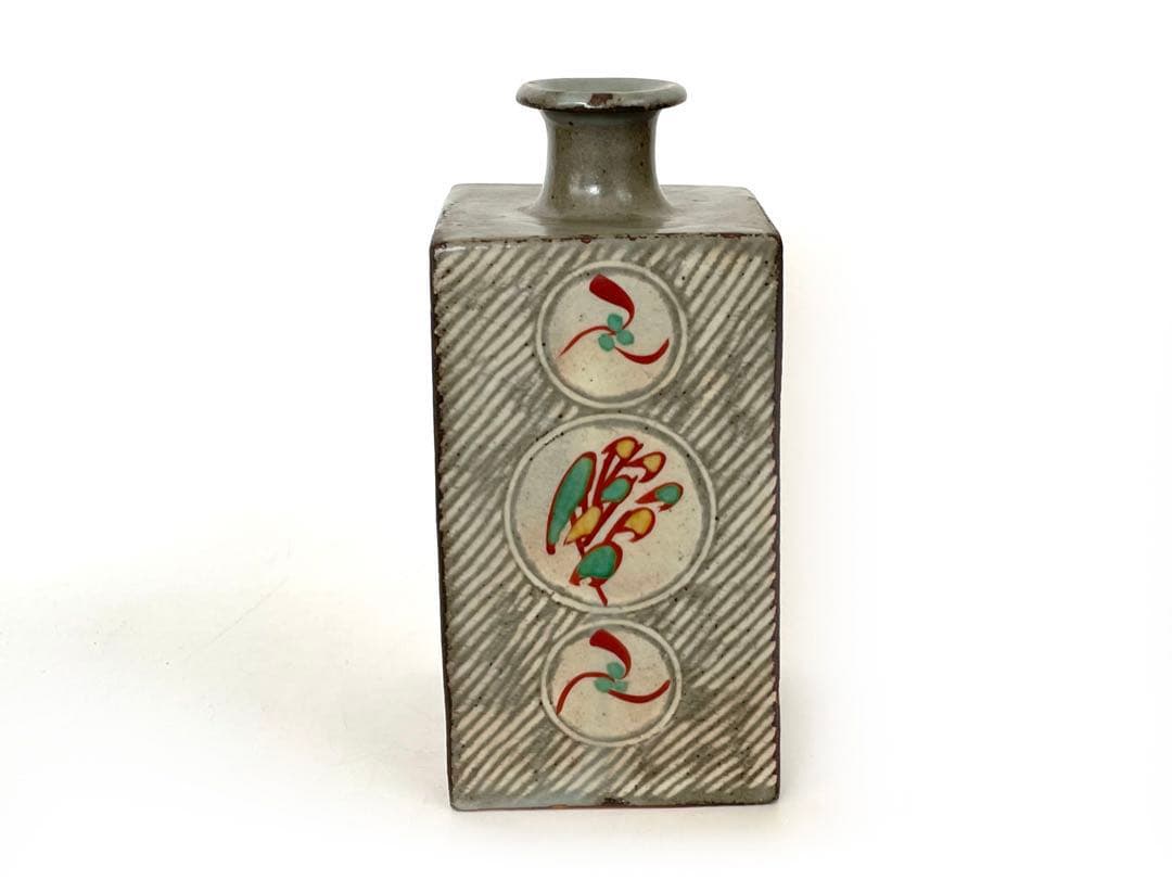 陶芸家　人間国宝　島岡達三　象嵌赤絵　方壺　角瓶　花瓶　花入　縄文象嵌　共箱