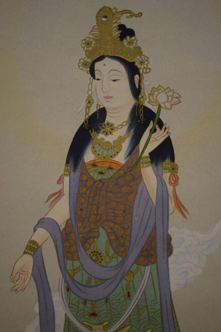 真作/星観/観音之図/桐共箱付/布袋屋掛軸HI-659