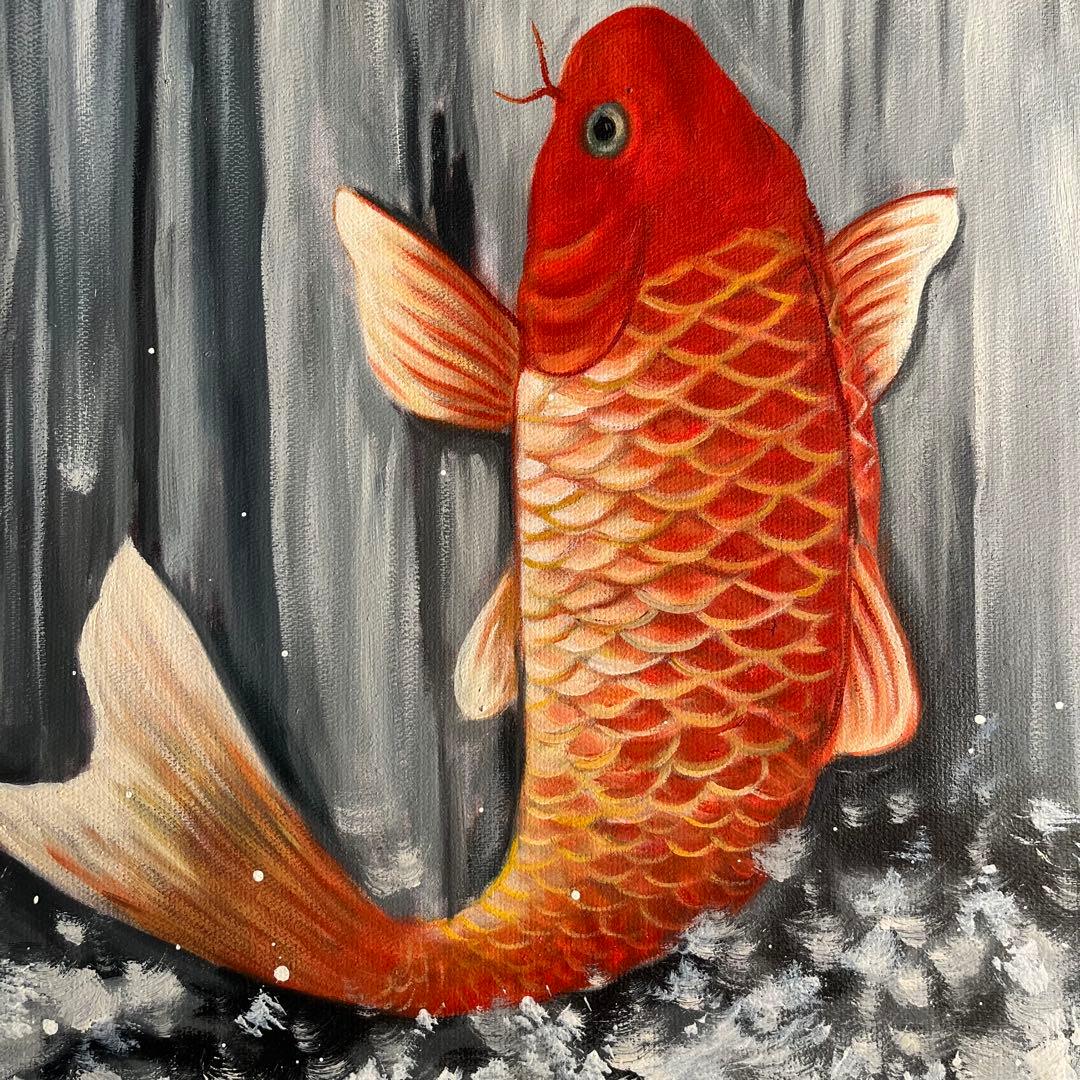 ★大型絵画★手書き油絵 鯉の滝登り 額付 絵画 インテリア 開運 金運 風水