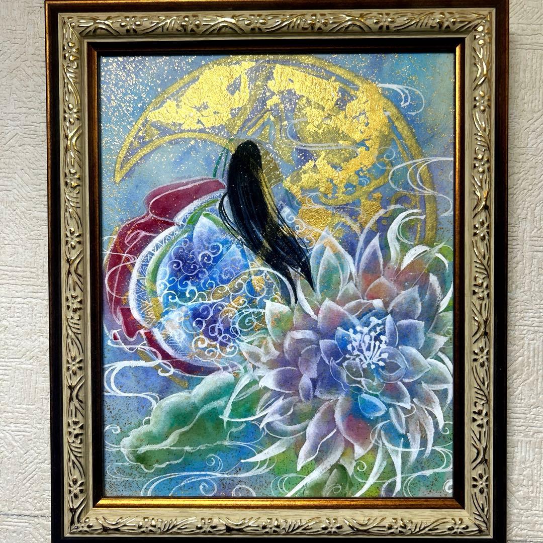 金箔使用 吉祥日本画 「月下美人　月の御殿」