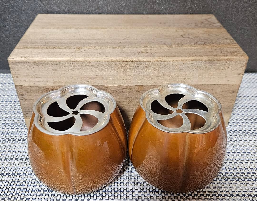 銀座 山崎商店謹製　赤銅　阿古陀香炉　一対　 共箱　茶道具　香道具　透かし蓋附属