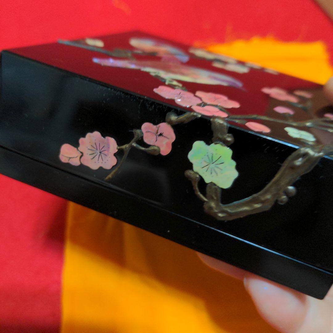高岡漆器　武蔵川秀山作　青貝塗錆絵花鳥図　宝石箱　小物入　梅に樫鳥