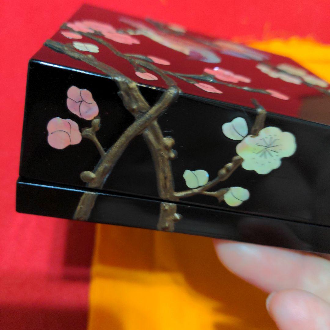 高岡漆器　武蔵川秀山作　青貝塗錆絵花鳥図　宝石箱　小物入　梅に樫鳥