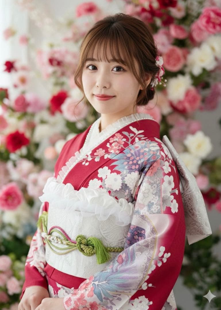 美品正絹振袖フルセット　姫　フリル　西陣織袋帯付き豪華赤い花柄　成人式