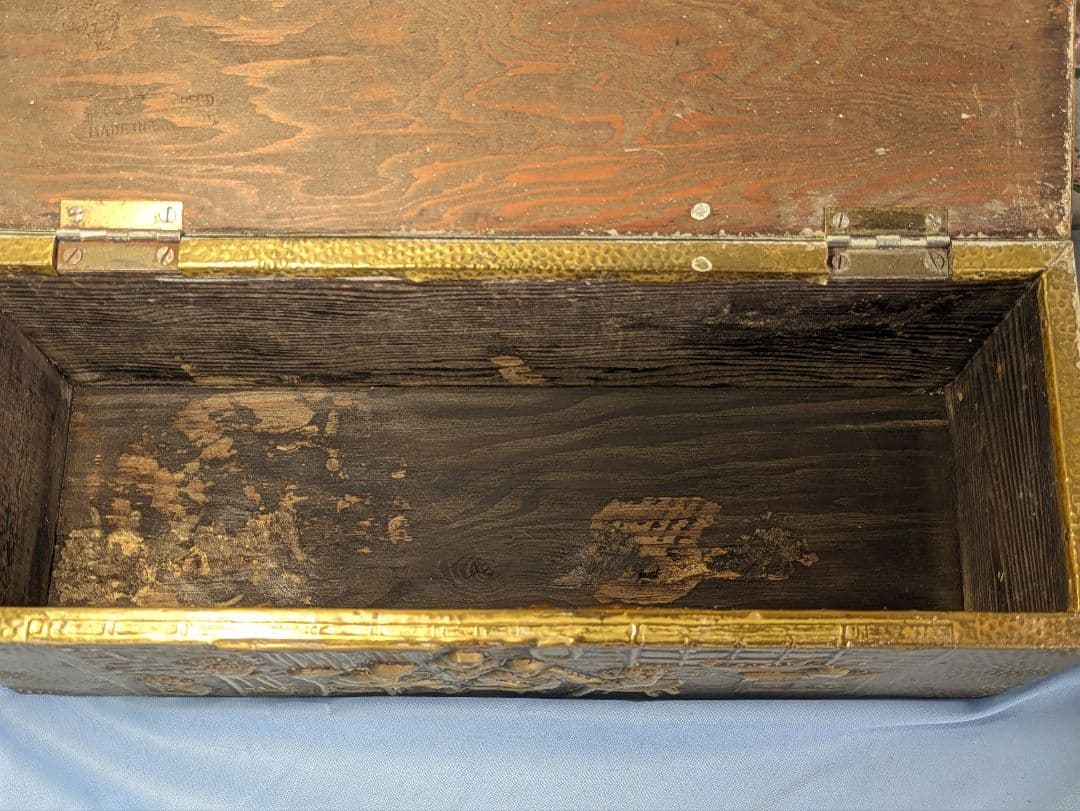 イギリス アンティーク 真鍮板張り　木製　ボックス 35.6cm