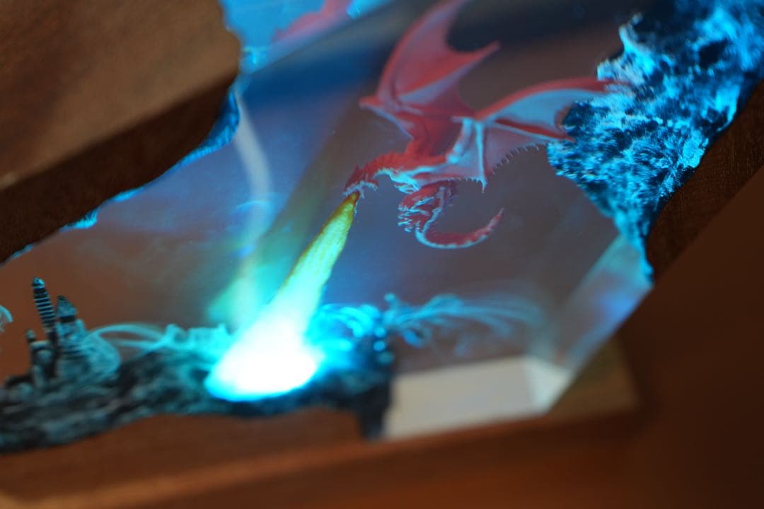 【迫力満点】ドラゴンの息吹 炎の城 レジンランプ 中世ファンタジー 騎士 冒険