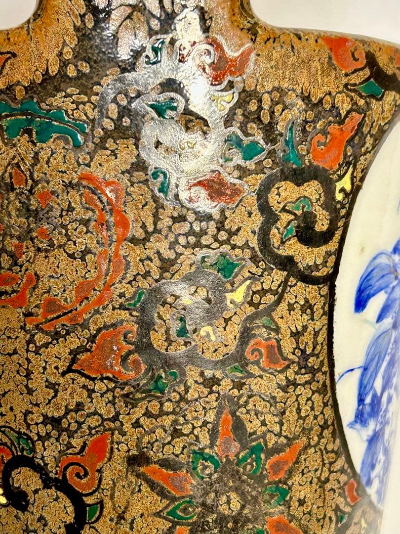 川本半助 明治瀬戸の名工 錆釉上絵手桶形花瓶 瀬戸焼