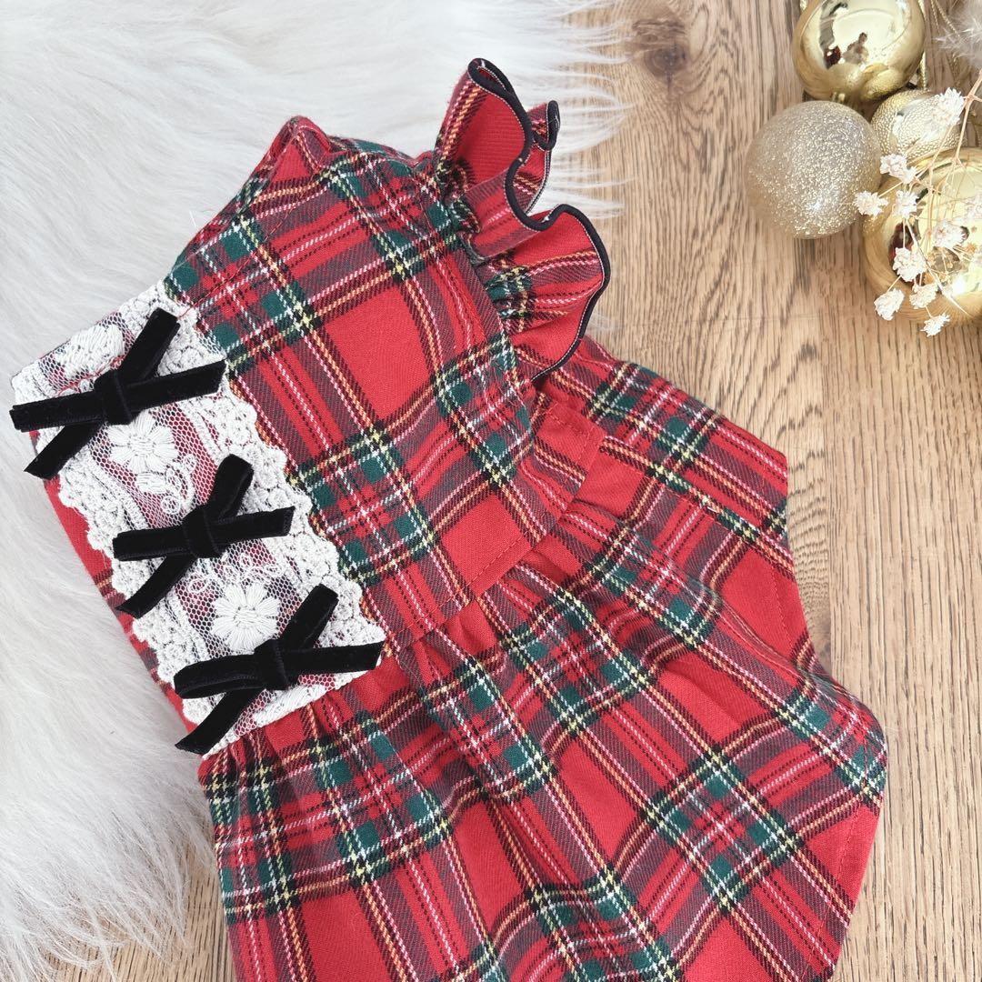ハンドメイド　フランネルチェックフリル付きノーカラーワンピース　クリスマスにも♡