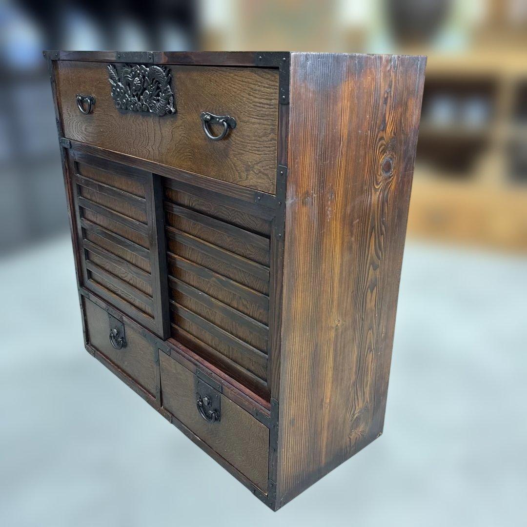 時代 帳場箪笥 両面仕様 車箪笥 鍵付き 民芸家具 和モダン 古家具