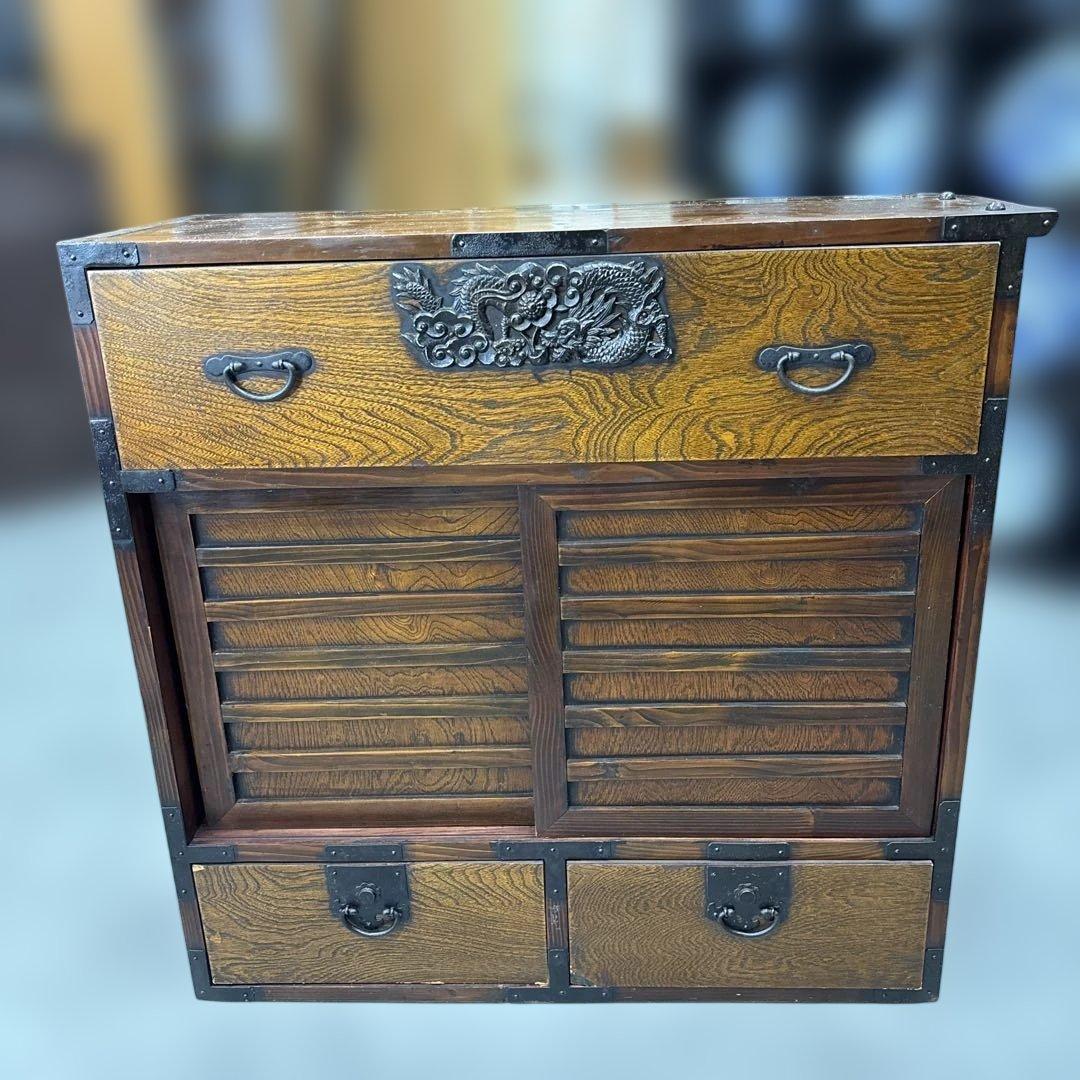 時代 帳場箪笥 両面仕様 車箪笥 鍵付き 民芸家具 和モダン 古家具