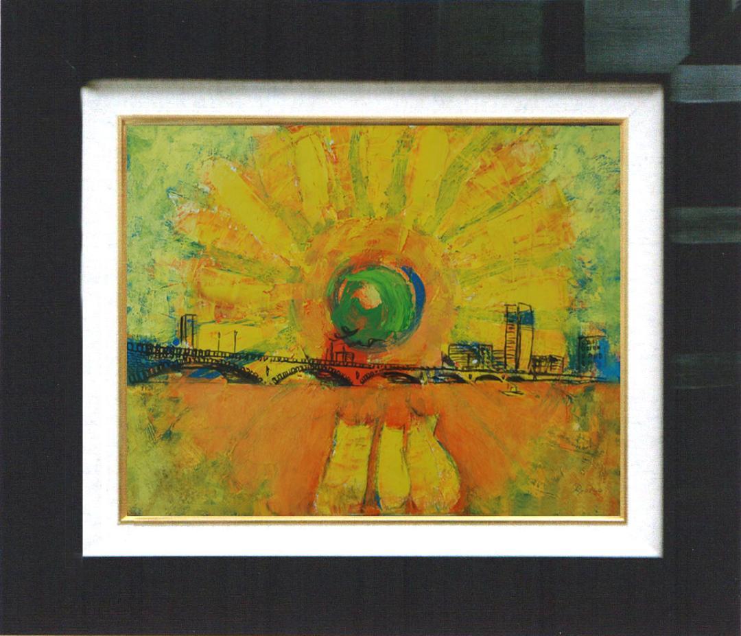 油絵 菅家令子 絵 絵画インテリア額付(青緑＋金色の枠) F4-072219子猫