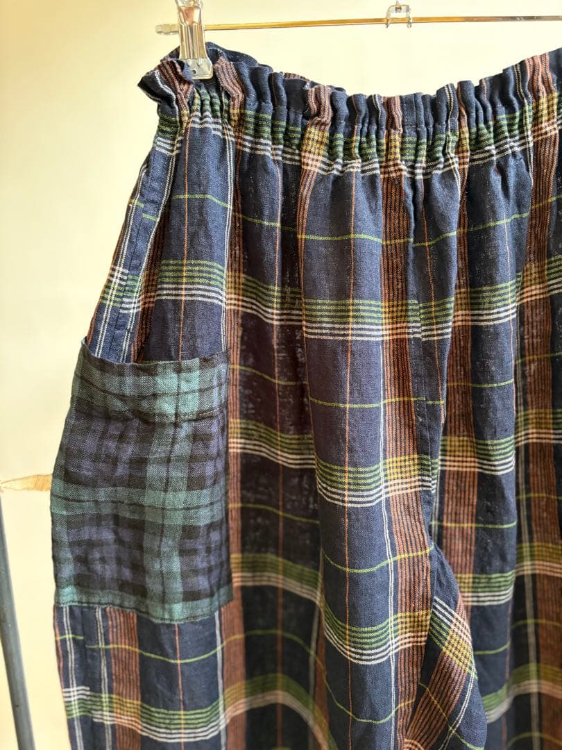 洗いざらしのマドラスチェックlinen リラックスもんぺ