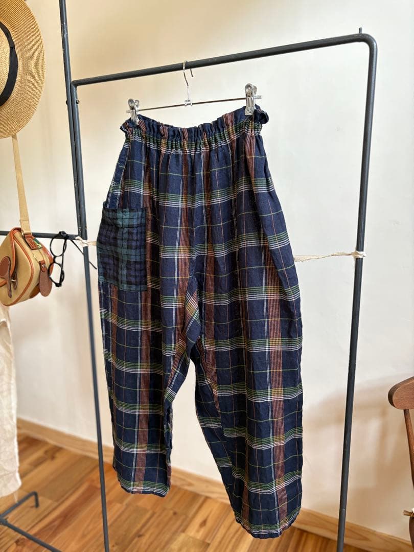 洗いざらしのマドラスチェックlinen リラックスもんぺ