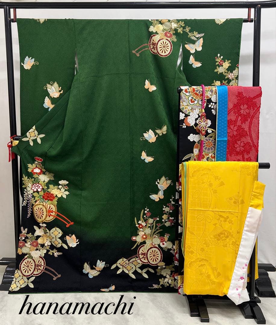 豪華　総絞り　振り袖　フルセット　別誂長襦袢付　金彩　刺繍　成人式　　緑　532