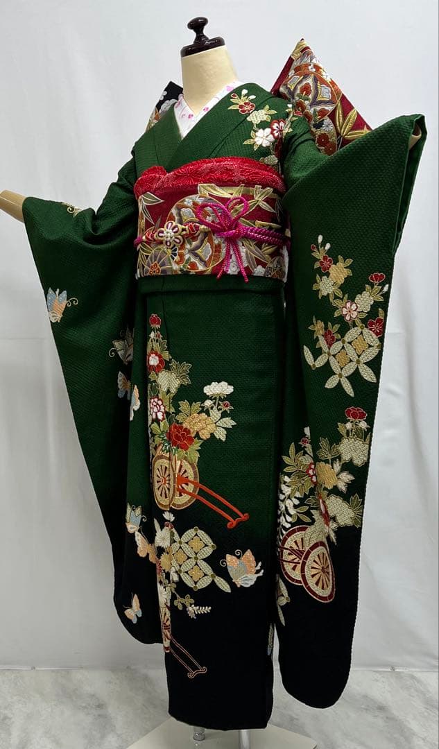 豪華　総絞り　振り袖　フルセット　別誂長襦袢付　金彩　刺繍　成人式　　緑　532