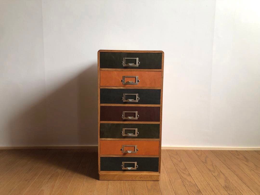 古家具 小引き出し 前面レザー張り アンティーク 古道具 収納棚 古民家 蚤の市