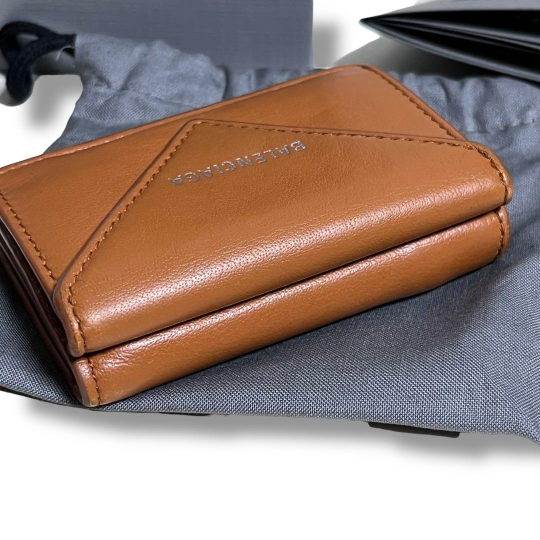 バレンシアガ　三つ折り財布　キャメル　ペーパーミニウォレット