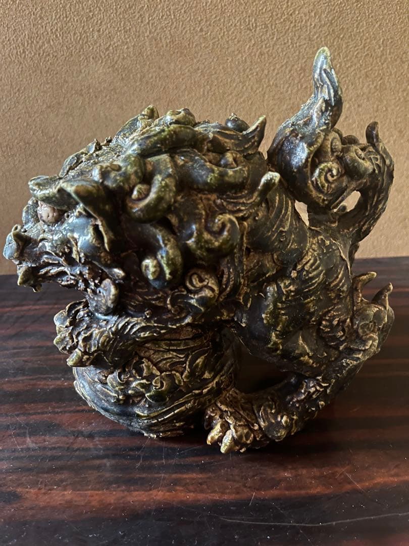 龍山窯【前川電光】作 織部釉 玉獅子置物 唐獅子 縁起物魔除除災 守護神　箱有