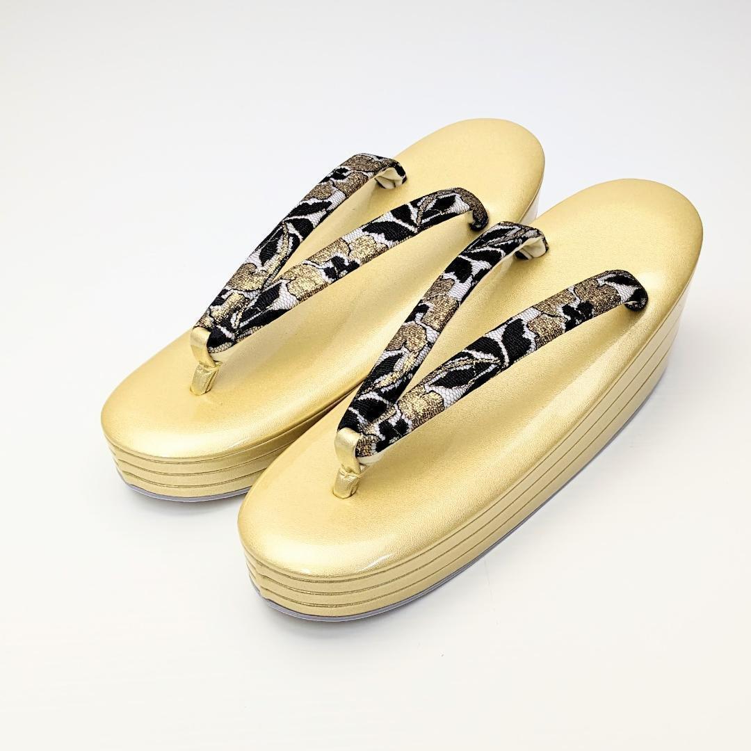 草履バッグセット 振袖用 エナメル×レース 金×黒 フリーサイズ u72-1