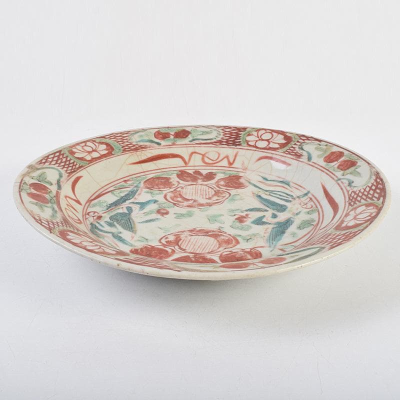 中国　17世紀　インドネシア出土　明代　呉須赤手　皿　時代箱付　M　R9312