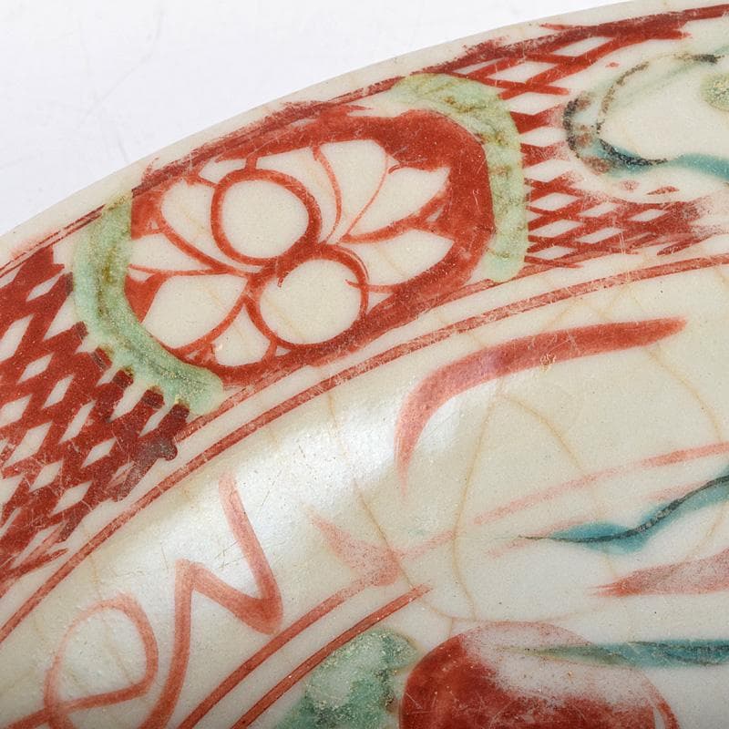 中国　17世紀　インドネシア出土　明代　呉須赤手　皿　時代箱付　M　R9312