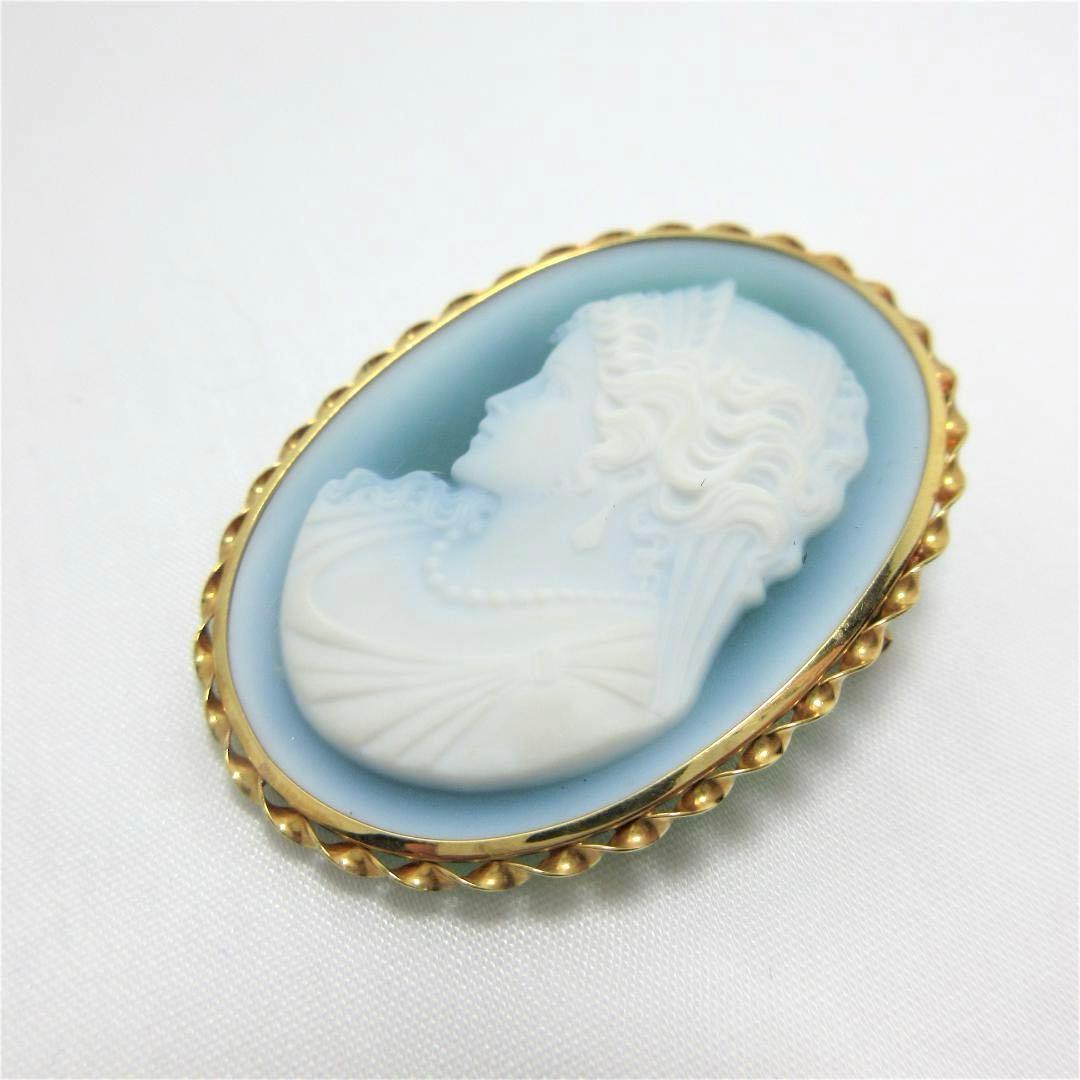カメオ ブローチ 瑪瑙 天然石 緑 K18(18金) ゴールド 06ar