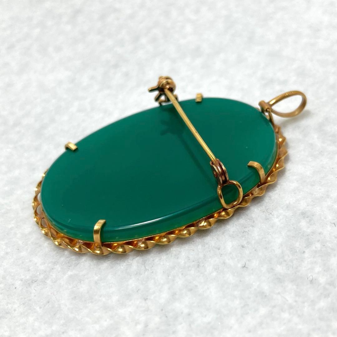 カメオ ブローチ 瑪瑙 天然石 緑 K18(18金) ゴールド 06ar