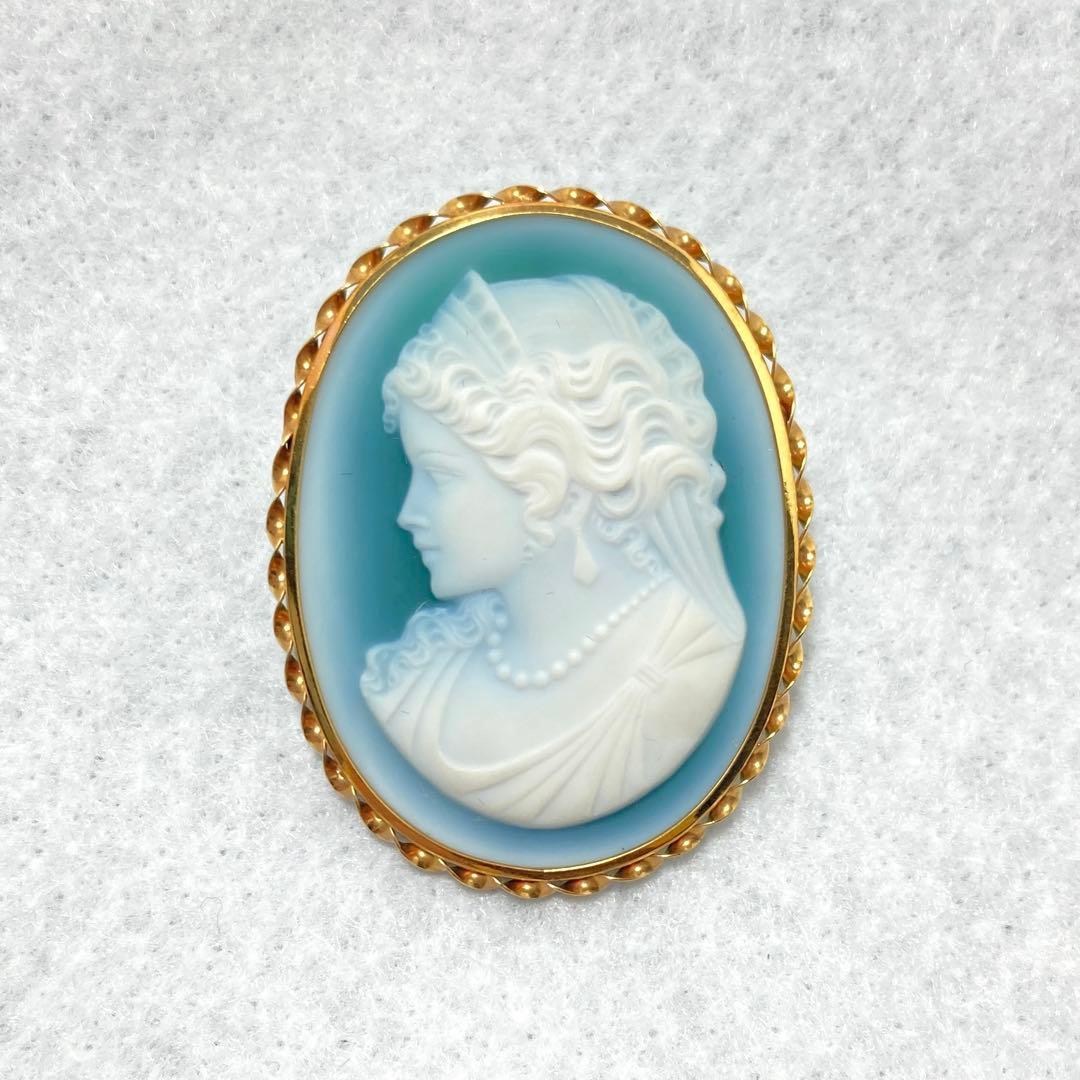 カメオ ブローチ 瑪瑙 天然石 緑 K18(18金) ゴールド 06ar