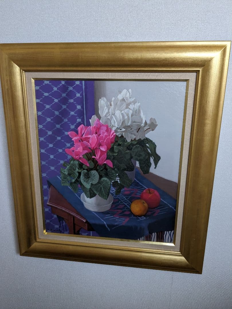 【真　作】新井隆、『紅白のシクラメン』、油彩10号、サイン有、黄袋、差し箱付