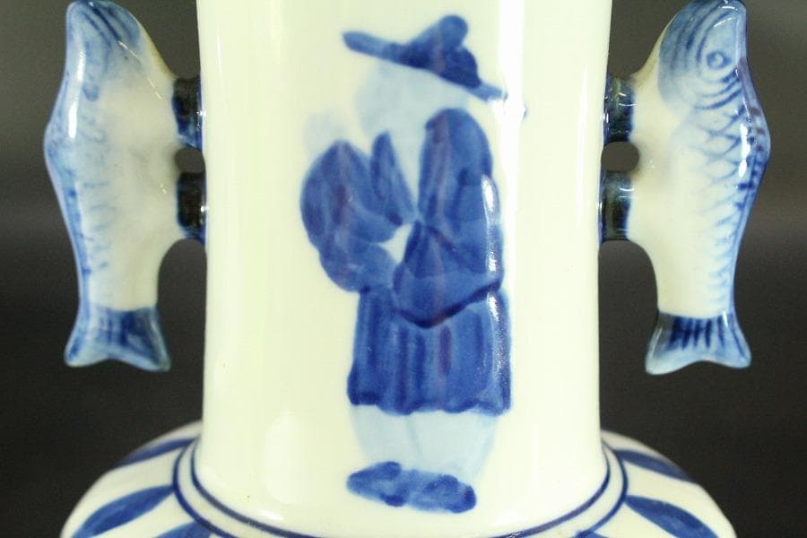 中国美術 染付 双魚耳 花瓶 茶道具(ZE424)