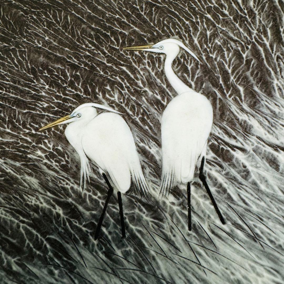 現川焼臥牛窯　無形文化財指定　十三代横石臥牛　刷毛白鷺図　花瓶　花入/飾皿2点