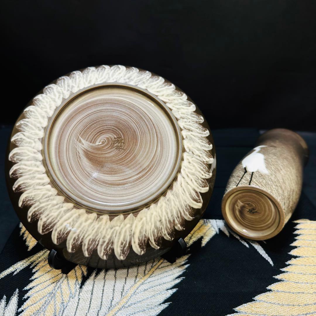 現川焼臥牛窯　無形文化財指定　十三代横石臥牛　刷毛白鷺図　花瓶　花入/飾皿2点