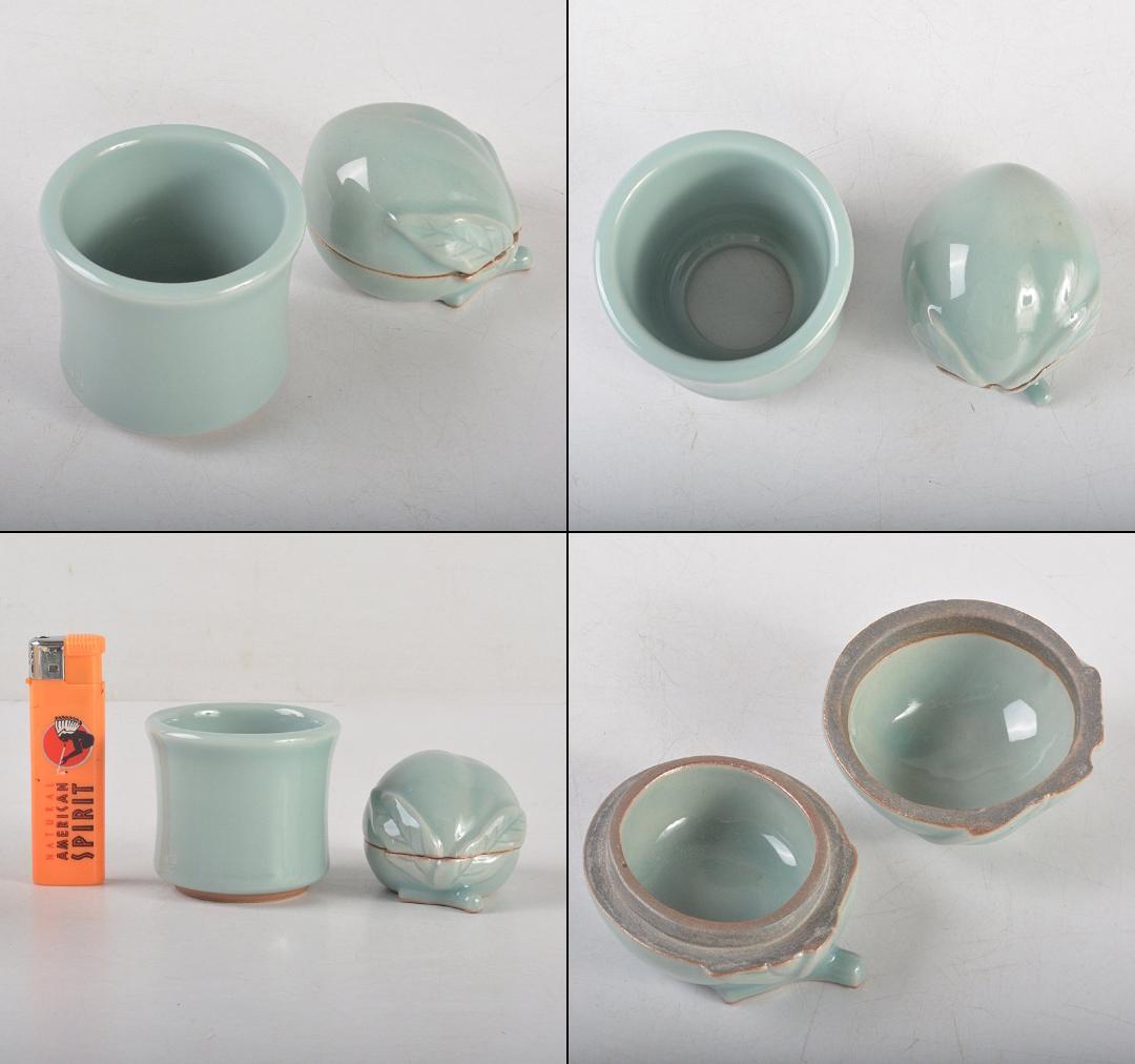 茶道具　京焼　三代　加藤利昇作　青磁　蓋置　香合　共箱　2点　V　R5266