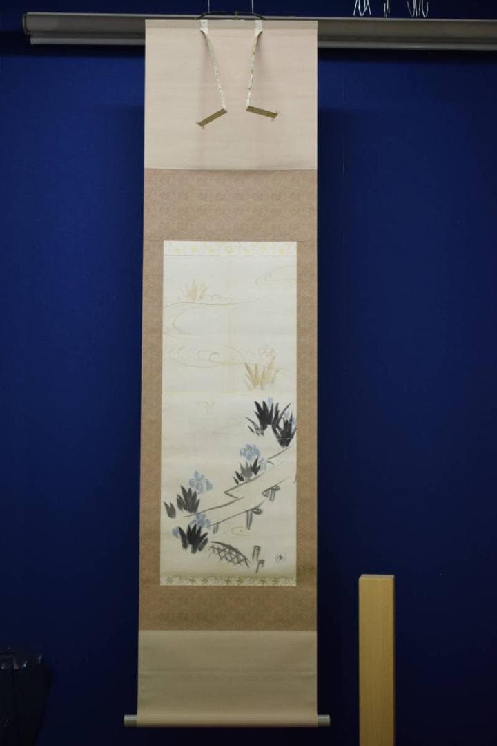 真作/富田渓仙/帯地あやめ図/布袋屋掛軸HE-361