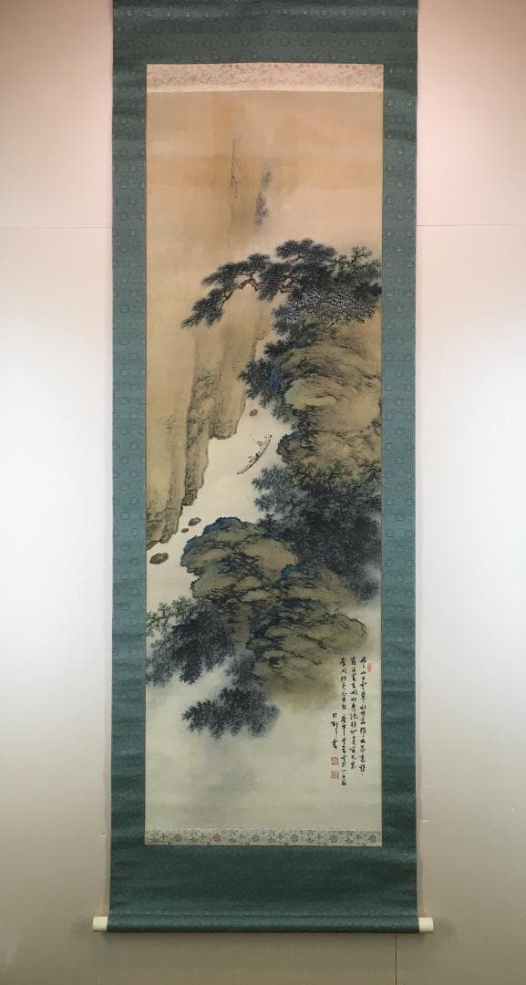 大青緑！[田近竹邨・尺八絹本・青緑山水図・共箱(二重箱)]／豊後南画