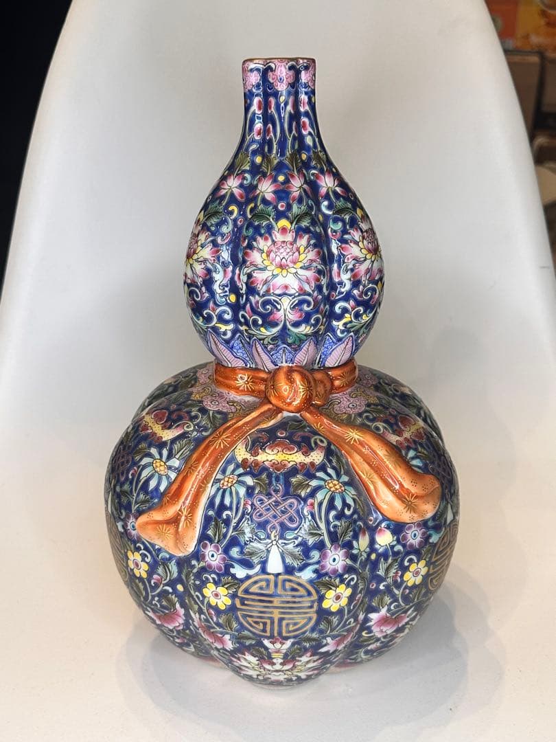 中国清代 乾隆年製款 藍釉金彩 葫蘆形賞瓶（荷花・寿字吉祥紋）中国古陶磁骨董品