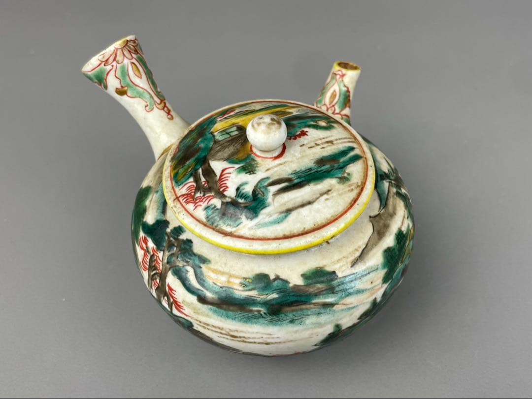 江戸期 古九谷 急須 湯呑み 3客 山水図 九谷焼 時代物 陶器 色絵 茶道具